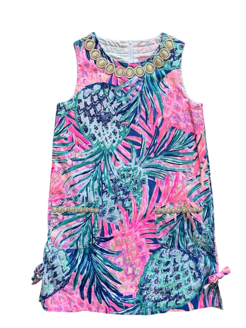 Lilly Pulitzer Girls Gypset Paradise Pineapple Shift Dress Gold Trim - Size 10